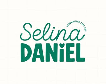 May include: A graphic design featuring the words "Selina Daniel" in a handwritten font, with the word "Daniel" in a bold, blocky font. The text "Handwritten Font Duo" is in a circular arrangement above the name. The color scheme is teal on a white background.