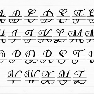 May include: A set of 26 split monogram letters in a cursive font. Each letter has a line in the middle for adding a name or initials. The letters are black and white.