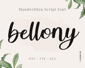 May include: Handwritten script font called "bellony" in black text on a white background with green leaves on the sides. The text "OTF - TTF - SVG" is below the font name.