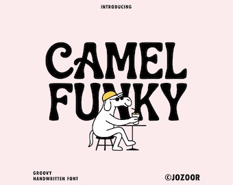 May include: Camel Funky is a groovy handwritten font. The font is displayed in black with a cartoon camel wearing a yellow hat and sunglasses sitting at a table with a drink.