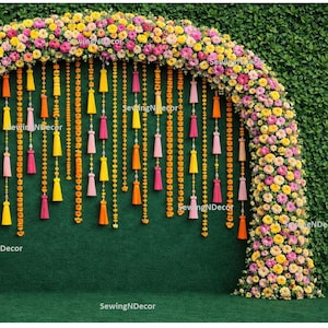 1Pc 2D Floral Arch Backdrop botanical green leaves large Colorful Tassels-Indian Banner for Wedding, Haldi, Puja, Sreemantham, Baby Shower