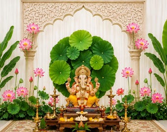 1Pc 2D Lotus and Banana Leaves Backdrop in white and green with arch-Indian Banner for Wedding, Haldi, Puja, Sreemantham,Baby Shower