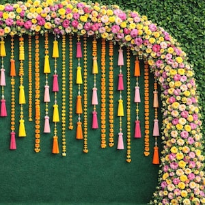 1Pc 2D Floral Arch Backdrop botanical green leaves large Colorful Tassels-Indian Banner for Wedding, Haldi, Puja, Sreemantham, Baby Shower