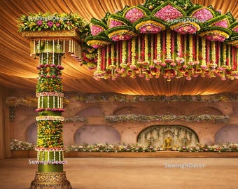 1 szt. 2D kwiatowe tło Mandap z lotosem - indyjski baner na ślub, Haldi, Puja, Sreemantham, baby shower