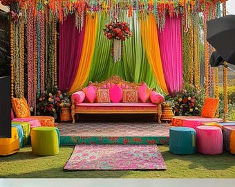 1 szt. 2D zasłona w kolorze różowo-żółto-zielonym – baner indyjski na wesele, Haldi, Puja, Sreemantham, baby shower