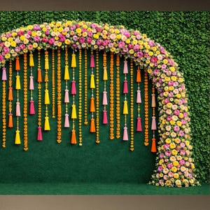 1Pc 2D Floral Arch Backdrop botanical green leaves large Colorful Tassels-Indian Banner for Wedding, Haldi, Puja, Sreemantham, Baby Shower
