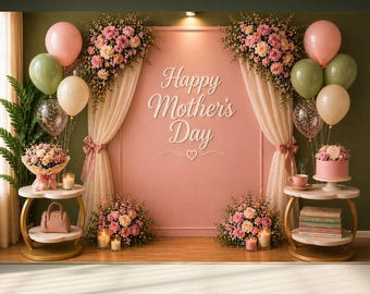 1Pc 2D Elegant Mother’s Day Backdrop Blush Pink Floral  Sage Green Photo Background - perfect for photo decor for Mother's Day celebrations
