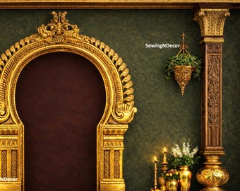 1Pc 2D Temple Prabhavali Backdrop in dark green with Pillars, brass vases-Indian Banner for Wedding, Haldi, Puja, Sreemantham,Baby Shower