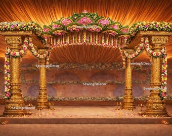 1 szt. 2D złote tło Mandap z filarami, łuk z kwiatem lotosu, tradycyjna świątynia - indyjski baner na ślub, Haldi, Puja, Sreemantham, baby shower