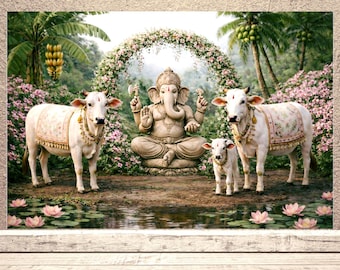 1 toile de fond traditionnelle 2D vaches et arche florale de Ganesh avec étang et lotus - bannière indienne pour mariage, Haldi, Puja, Sreemantham, baby shower