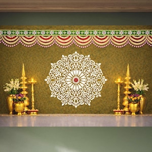 2D Olive Green White Kolam Backdrop with Brass Vases Lotus Garlands-Indian Traditional Banner-Wedding,Haldi,Puja,Sreemantham,Baby Shower