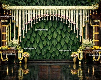 1 szt. 2D Chettinad Banana Leaves Floral Arch Background z tradycyjnymi kolumnami - indyjski baner na ślub, Haldi, Puja, Sreemantham, baby shower