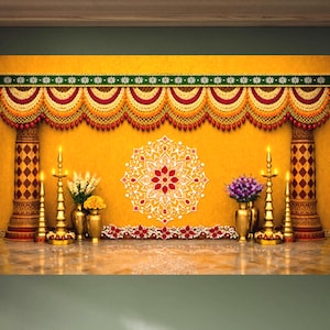 1 st 2D gele en rode kolam-achtergrond met pilaren en lotusslingers-Indiase traditionele banner - bruiloft, Haldi, Puja, Sreemantham, babyshower