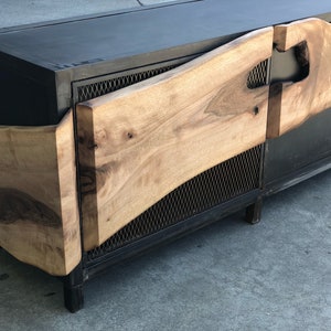 Industrial steel and live edge walnut slab cabinet  tv entertainment console