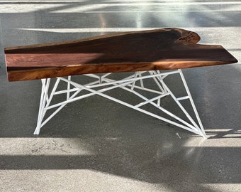 Walnut slab coffee table white geometric base