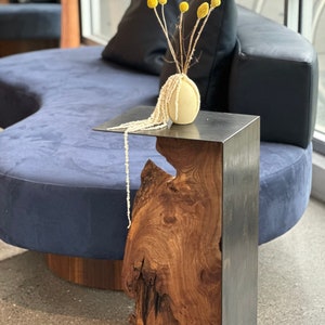 Live edge Elm wood slab and industrial steel end side table