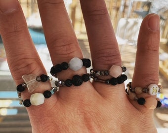 2-en-1 Capa / Anillo de Envoltura -- Morganita + Cuentas de Lava -- Joyería Difusora de Aromaterapia -- Aceite Esencial Curativo