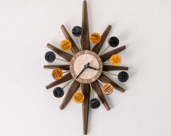 Mid Century Modern Starburt Clock. The Arnold-Wise Clock by Blackwell Woodworks. Solid Brass Rods With Custom Stained Maple Lollipops.