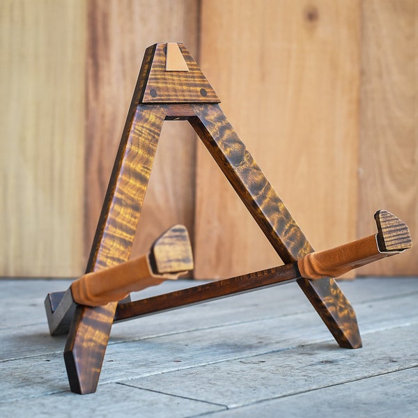 Acoustic Guitar Stand in Tiger Eye Stained Maple, Modern Guitar Display, Custom Guitar Holder