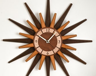 Starburst Clock, Mid Century Wall Clock, Retro Atomic Design, Handmade From Recycled Guitar Wood by Blackwell Woodworks