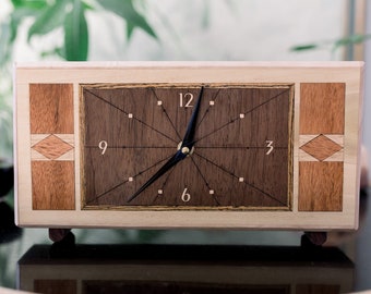 Art Deco Rhythm Clock With Walnut Wood Dial, Mid Century Mantel Clock with Maple Face by Blackwell Woodworks