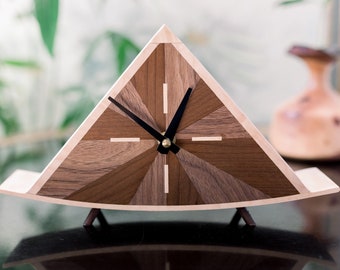 Pyramid Mantel Clock with Dark Wood by Blackwell Woodworks, Modern Triangle Desk Clock