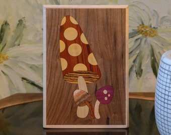 Marquetry, Mid Century Decor, Wood Mushroom Art, MCM Framed Wall Art, Retro Decor