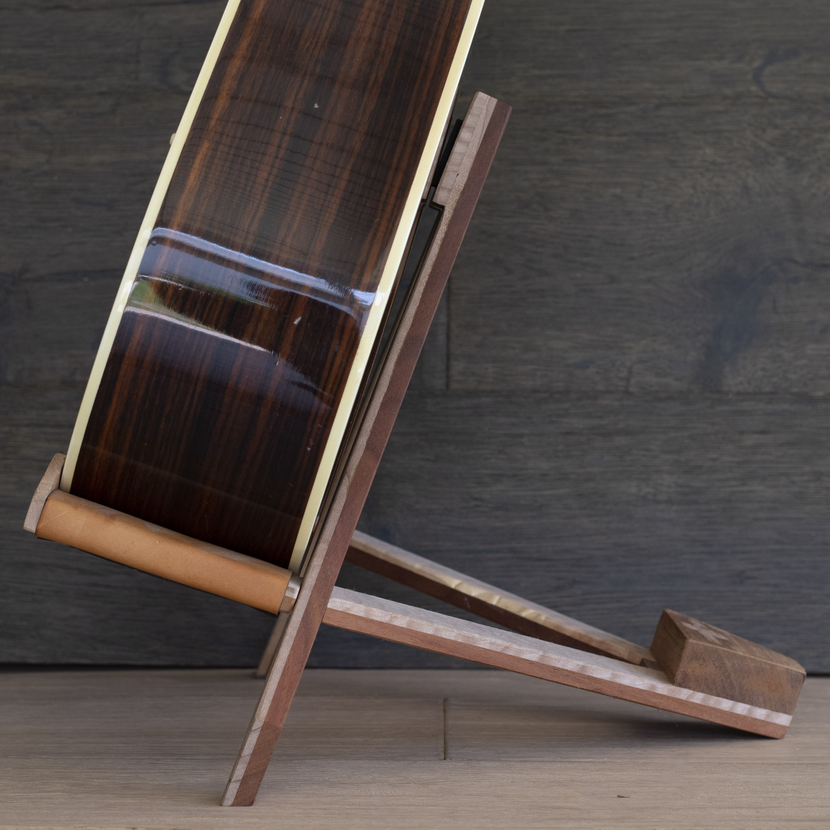 Acoustic Guitar Stand Men's Gift, Figured Maple Wood Guitar, Wooden Guitar Stand, Leather