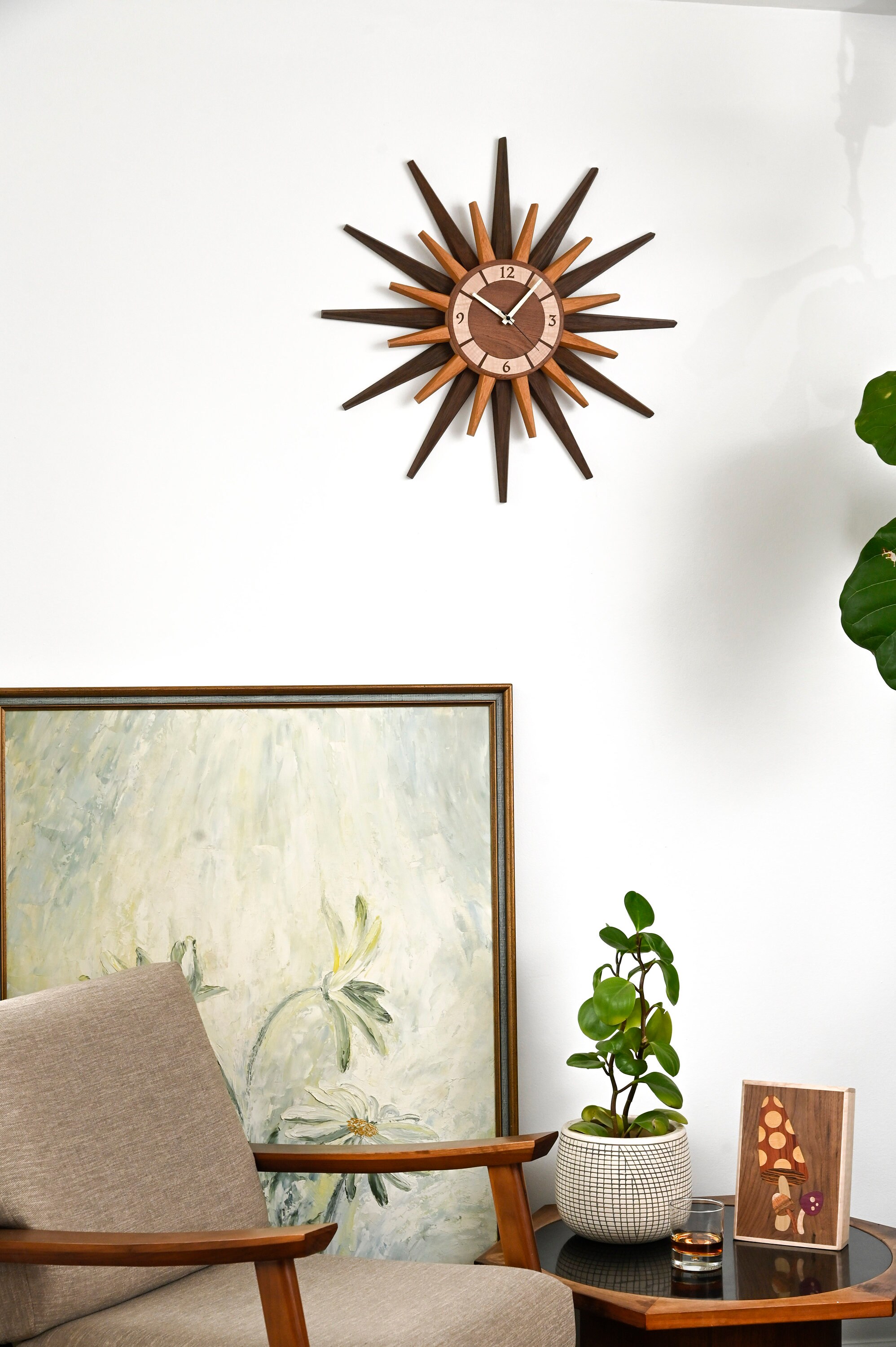 Starburst Clock, Mid Century Wall Clock, Retro Atomic Design, Handmade