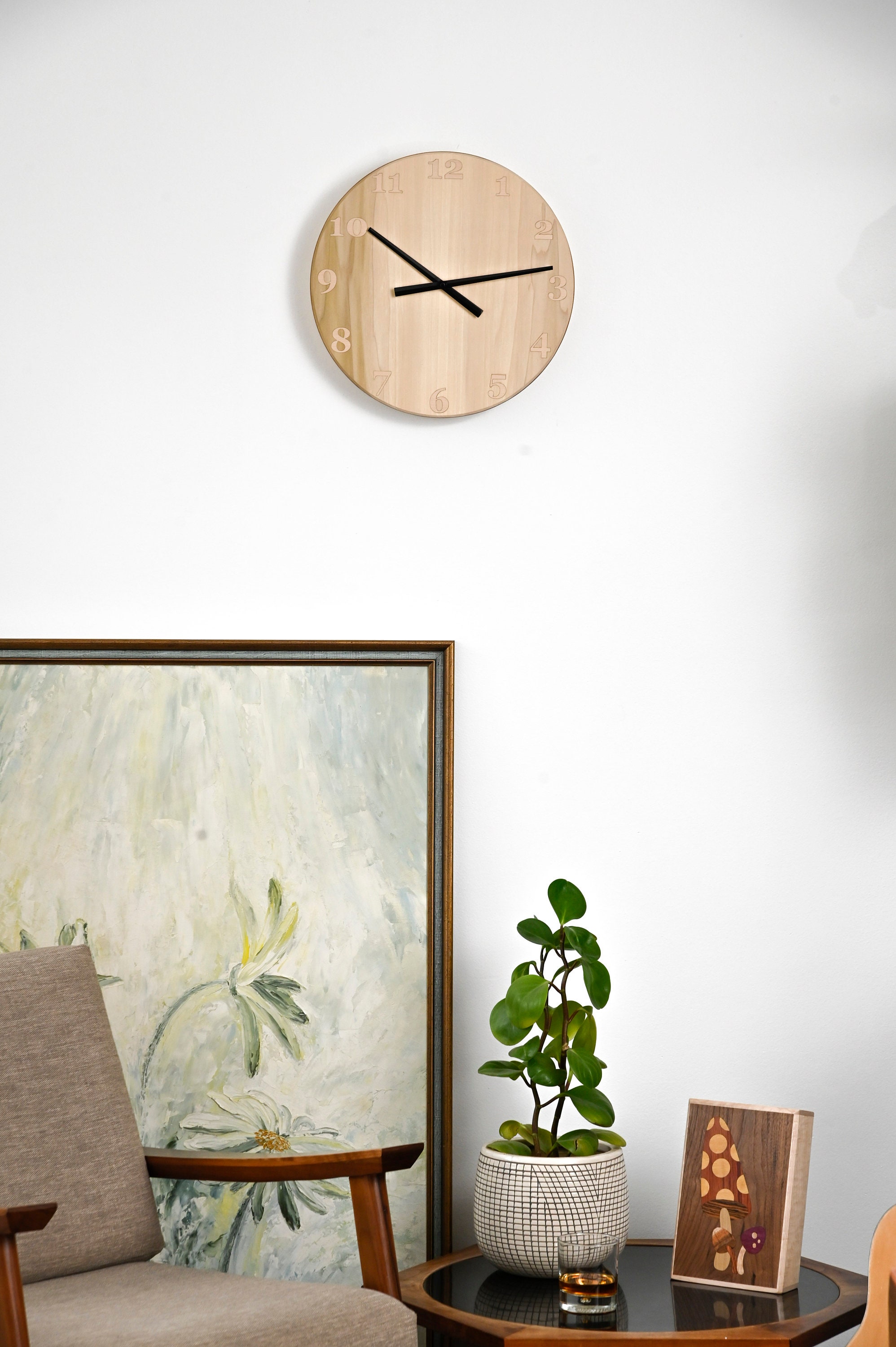 Large Round Wood Clock, Modern Wall Clock, White on White, Handmade Mid