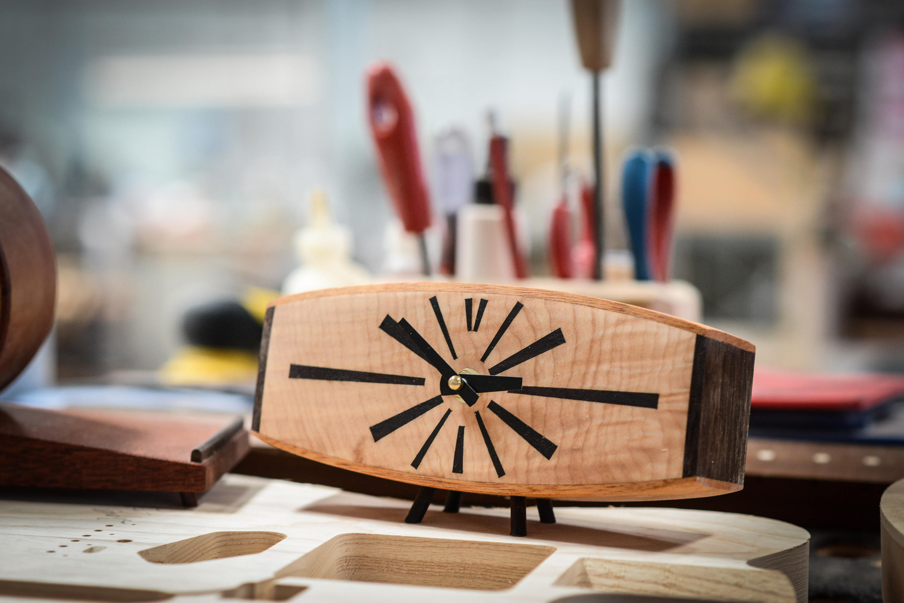 Stadium Mid Century Clock, Handmade Retro MCM, Wood Design Modern