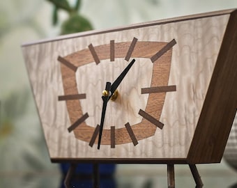 Mid Century Inspired Clock, MCM design, Wood Inlay Art Deco Clock