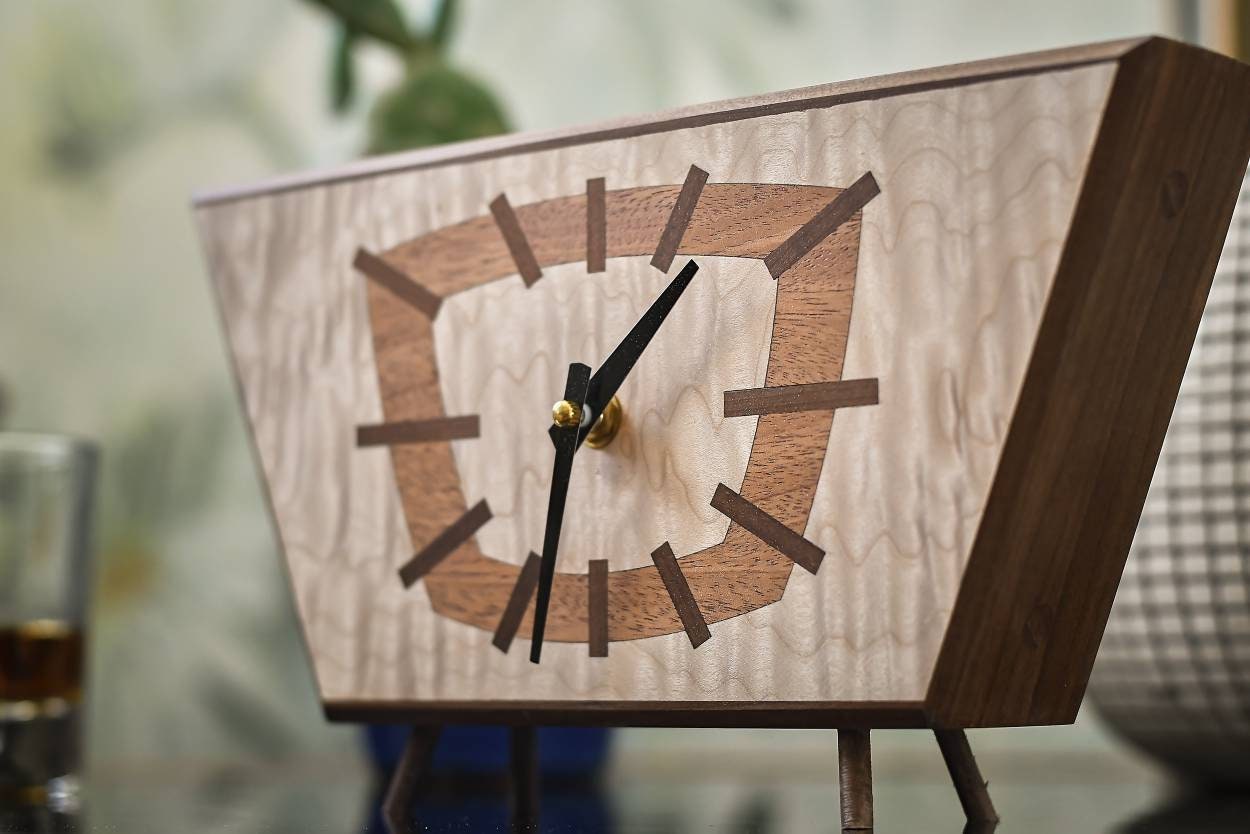 Mid Century Inspired Clock MCM design Wood Inlay Art Deco Etsy