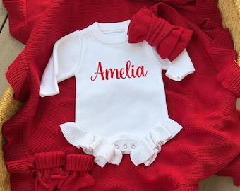 Embroidered Baby Girl Knit Romper-Baby Shower Gift.