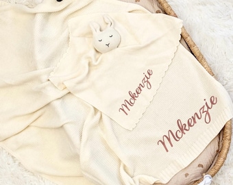 Embroidered Baby Blanket and Bunny Set: Personalized Cotton Knit
