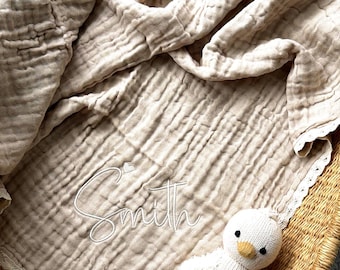 Personalized Organic Muslin Baby Blanket, Embroidered Name Swaddle