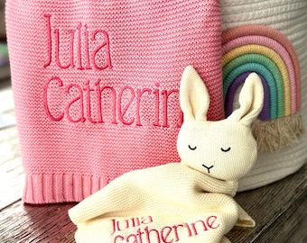 Embroidered Baby Blanket & Bunny Gift Set: Personalized Cotton Knit