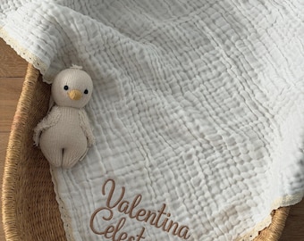 Personalized Organic Muslin Baby Blanket, Embroidered Name Swaddle