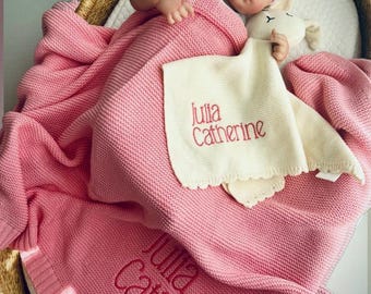 Embroidered Baby Blanket and Bunny Set: Personalized Cotton Knit Gift