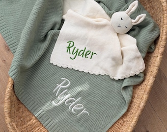 Personalized Embroidered Newborn Baby Blanket & Bunny Lovey Gift Set