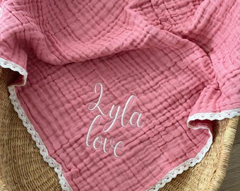 Personalized Organic Muslin Baby Blanket, Embroidered Name Swaddle