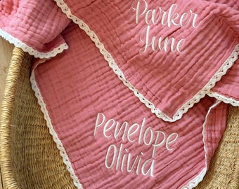 Personalized Organic Muslin Baby Blanket, Embroidered Baby Name Keepsake.