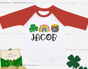 St Patricks Day Kids Shirt-Toddler Shirt-Clover -Rainbow-Youth Raglan-Holiday-Personalized Name-Kids Shirt-Toddler Raglan.