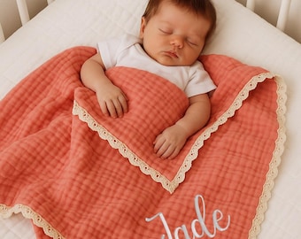 Personalized Organic Muslin Baby Blanket, Embroidered Name Swaddle