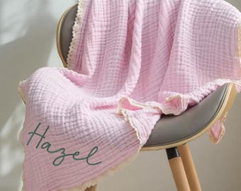 Personalized Organic Muslin Baby Blanket, Embroidered Name Swaddle Gift