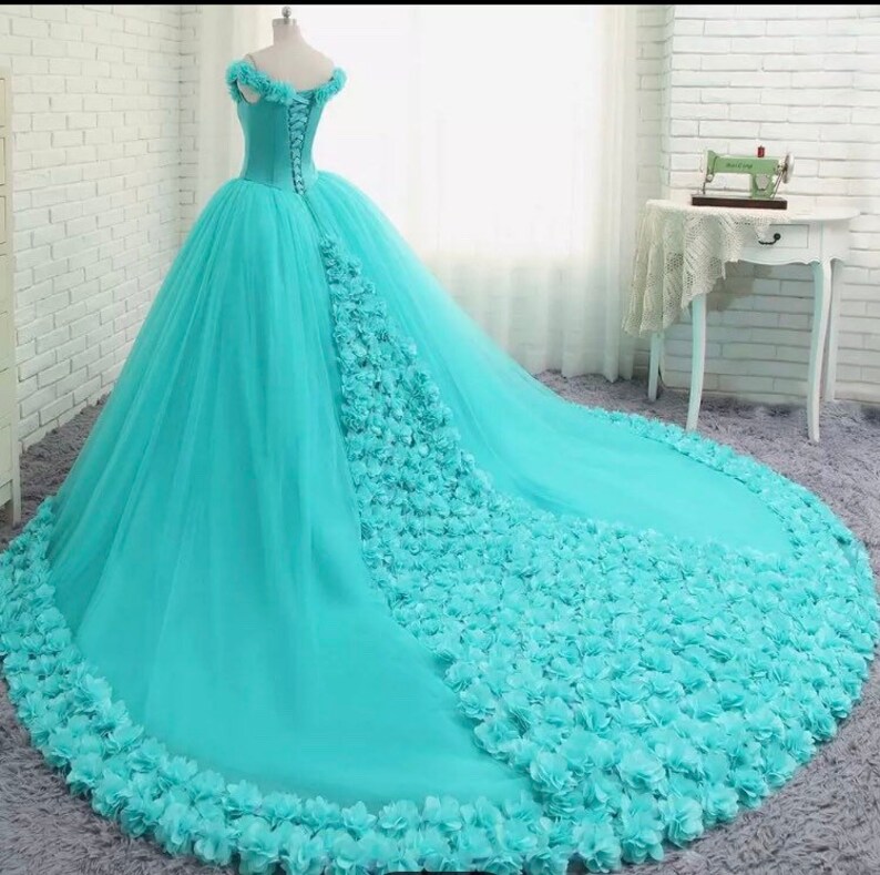 Prom Evening Off shoulder floor length Ball Gown 3D flowers Custom Dress 8 Colors Custom Measurement