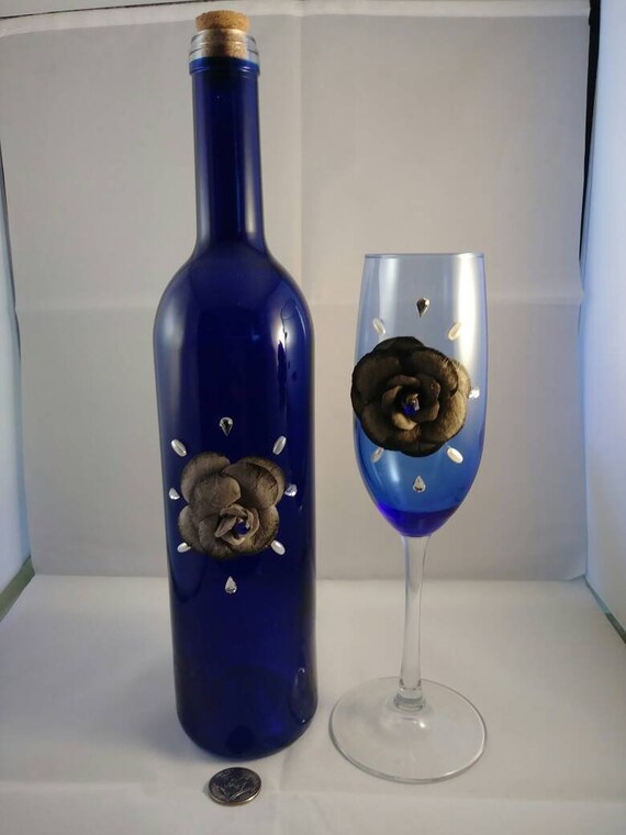 Royal Blue Wine Szkło I Butelka Zestaw Róża Perła Kieliszek Etsy
