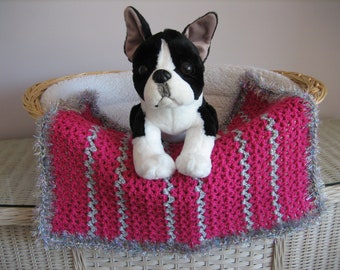 Hand-Crocheted Dog Blanket: Hot Pink & Gray Stripes, Sparkle Faux Fur Trim