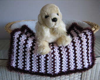 Hand-Crocheted Dog Blanket: Wine & Pale Pink Stripes, Sparkle Faux Fur Trim