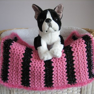 Fancy Dog Blanket. Medium Pink & Black Striped-Medium Pink Faux Fur Trim. Dog. Cat. Cat Blanket. Pet Blanket. Dog Bed. Crocheted Blanket